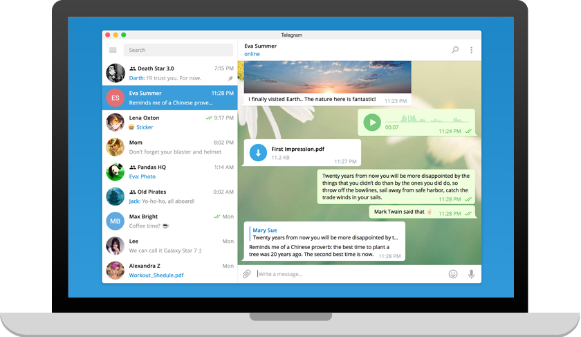 Telegram masaüstü uygulaması sohbet listesi ve konuşma penceresi
